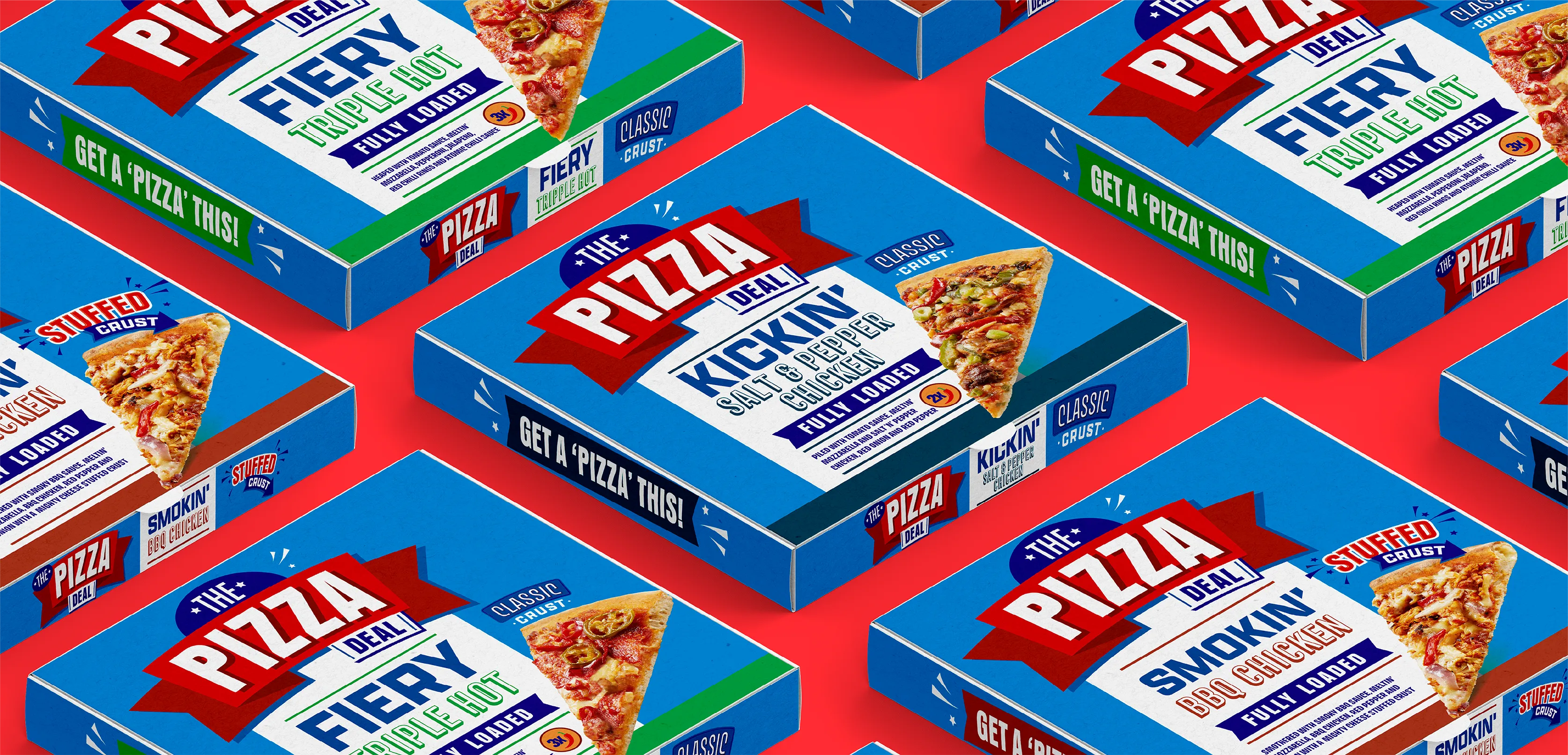 An angled grid of pizza boxes, showing a variety of pizza flavours from the Morrisons Pizza Deal.