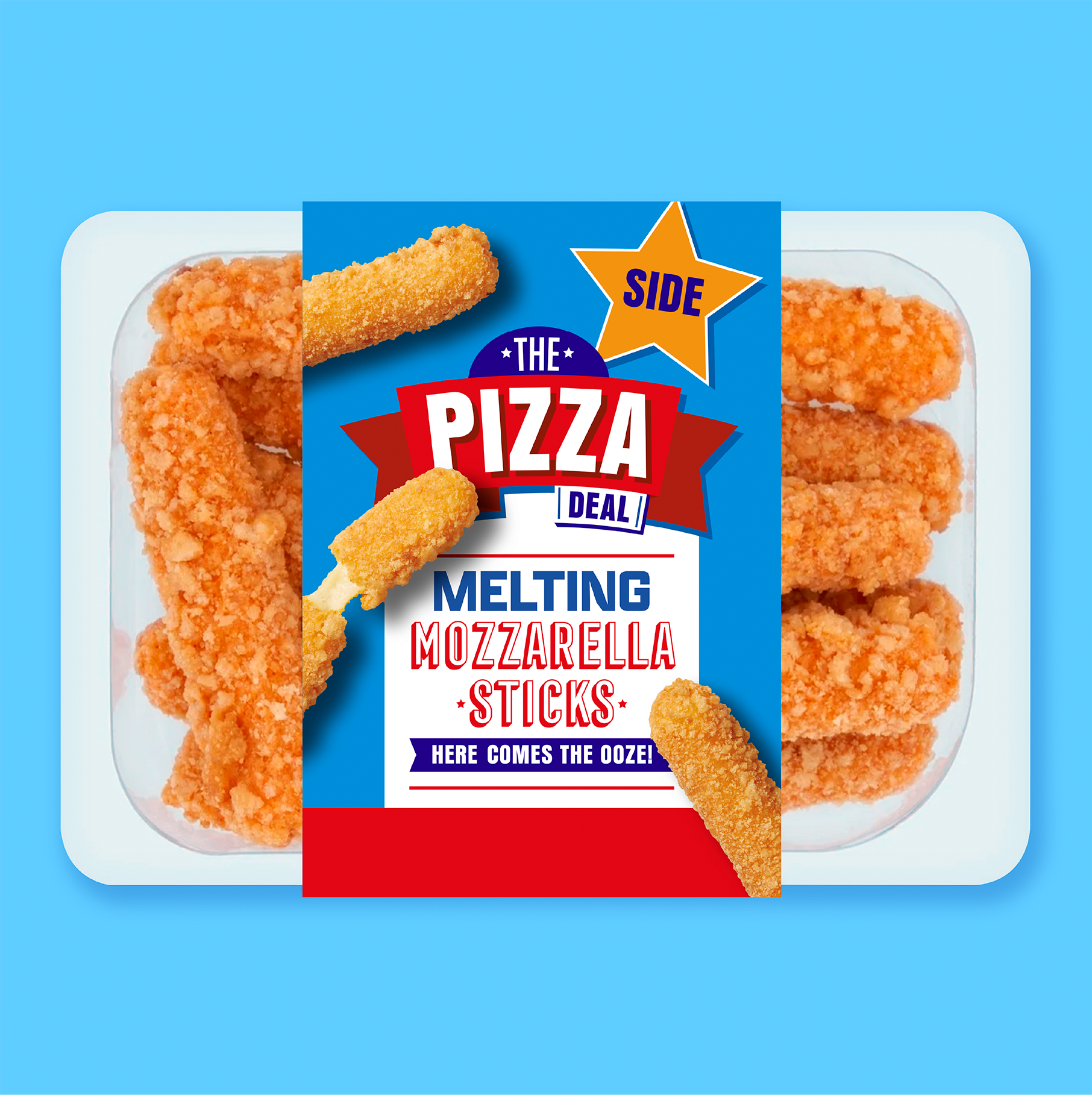 Front-of-pack render of Morrisons 'Melting Mozzarella Sticks' from the Pizza Deal. With cross-section shots showing the a cheese pull.