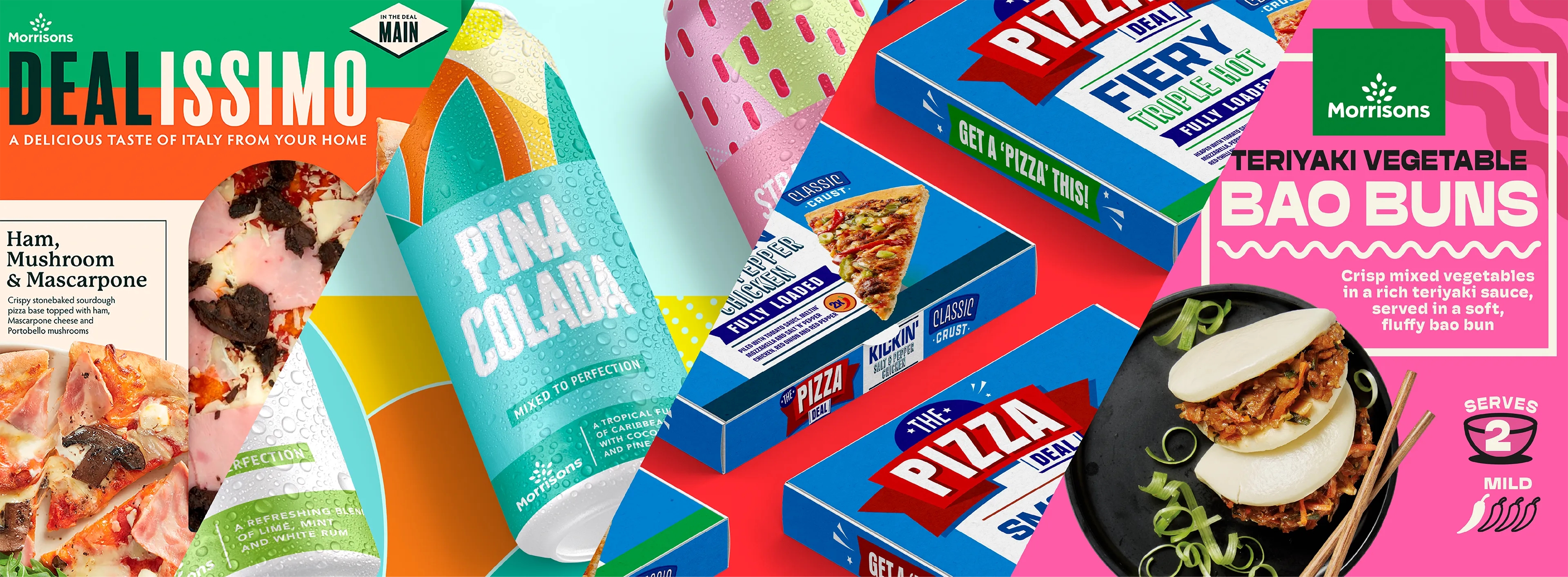 A collage of four playfully designed, different Morrisons packaging ranges.