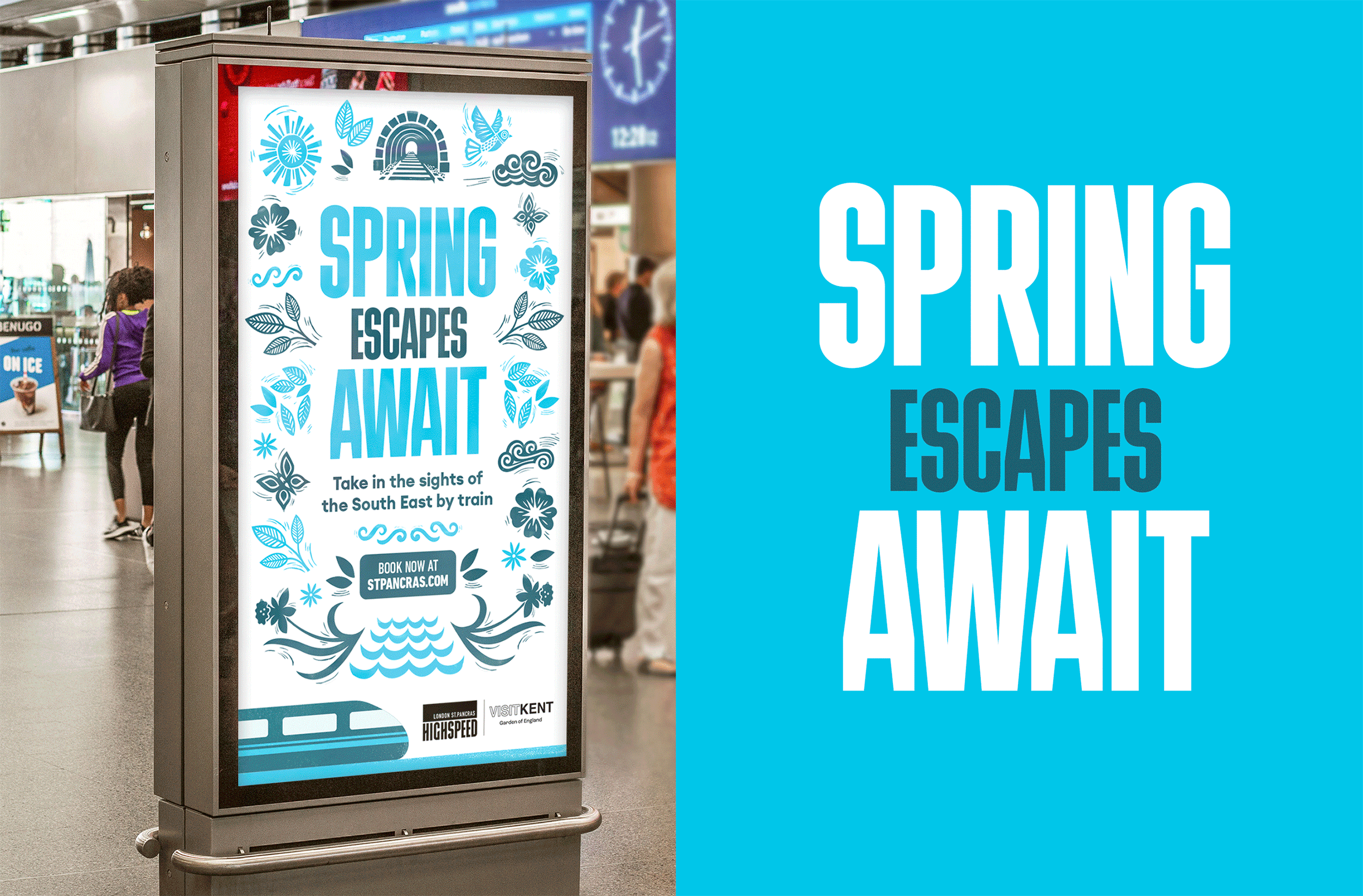 St Pancras international photography of 'Spring Escapes Await' digital screen.