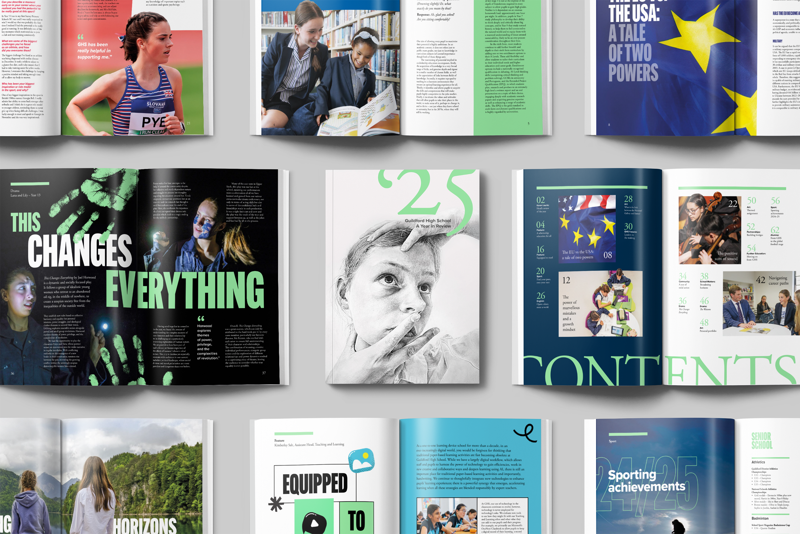 Guildford High School publication front cover and double page spread design.
