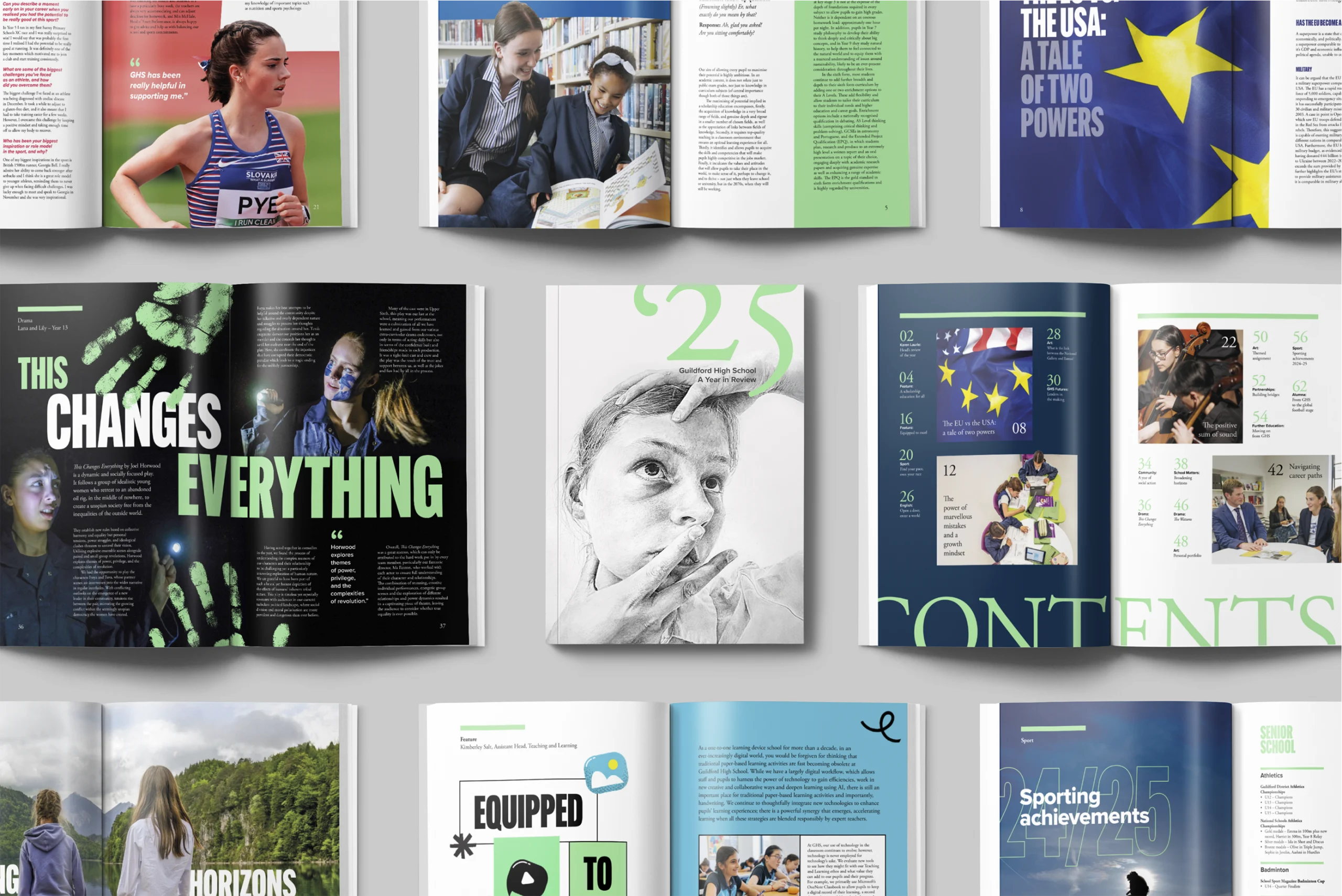 Guildford High School publication front cover and double page spread design.
