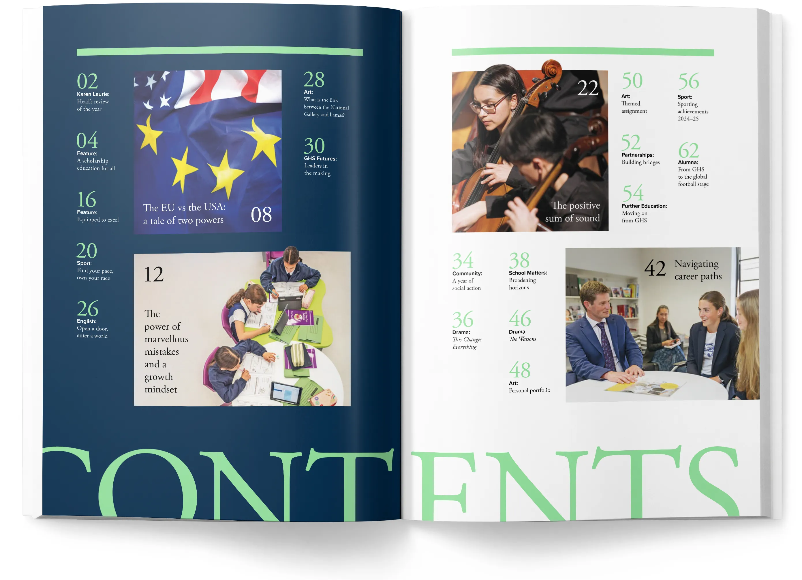 Bold typographic double-page, contents, editorial spread.