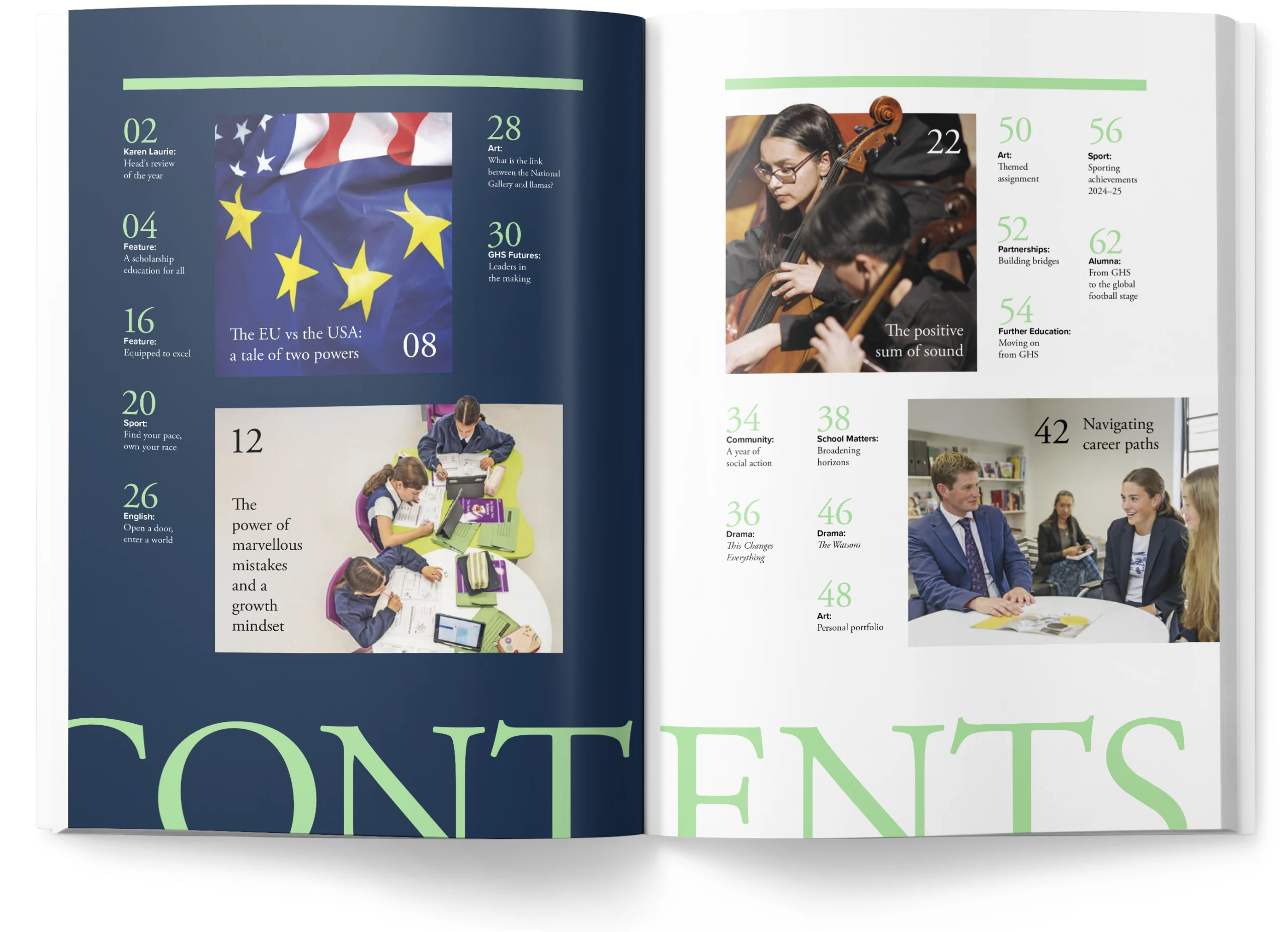 Bold typographic double-page, contents, editorial spread.