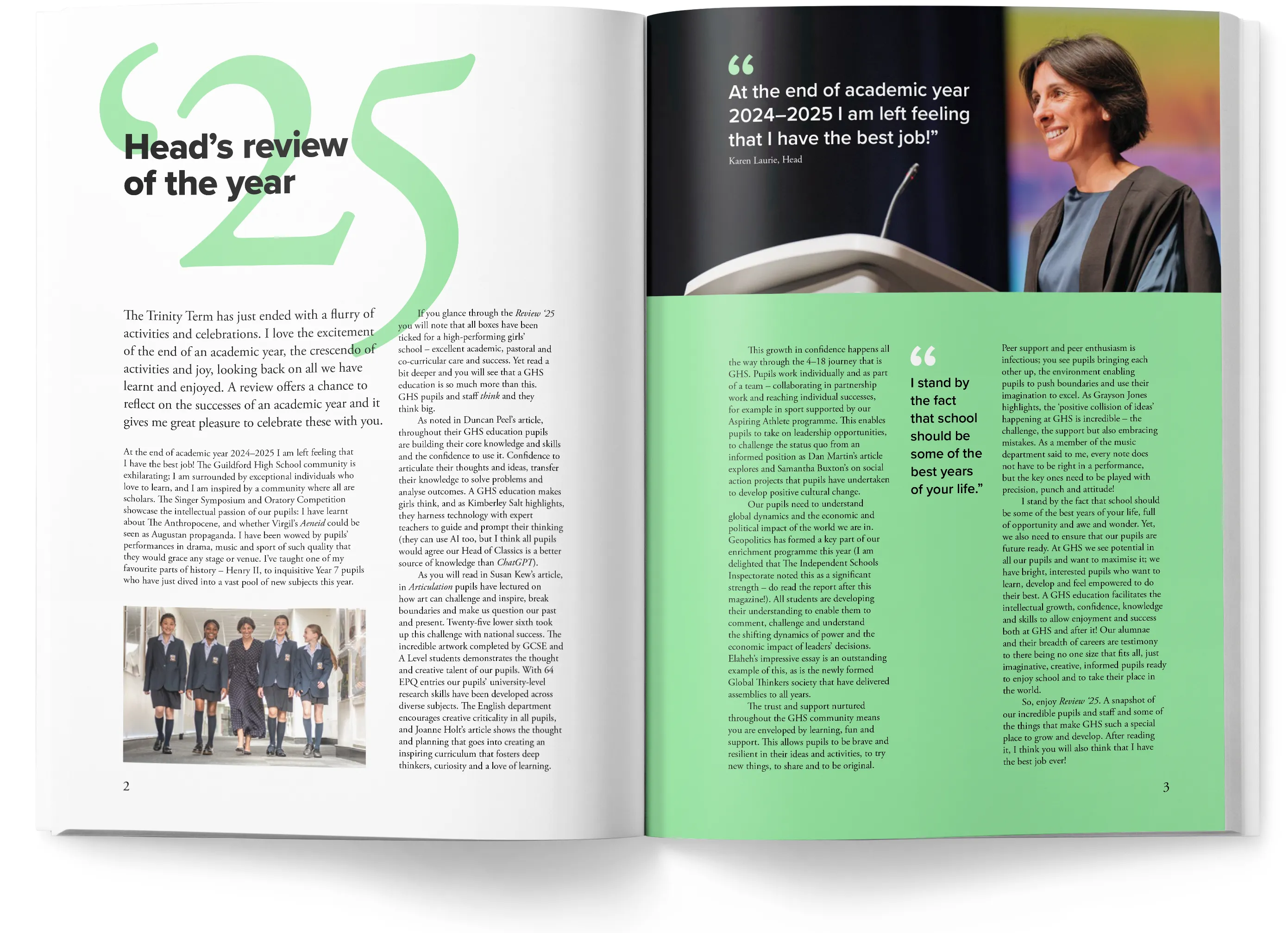Bold typographic double-page editorial spread 'Head's review of the year'.