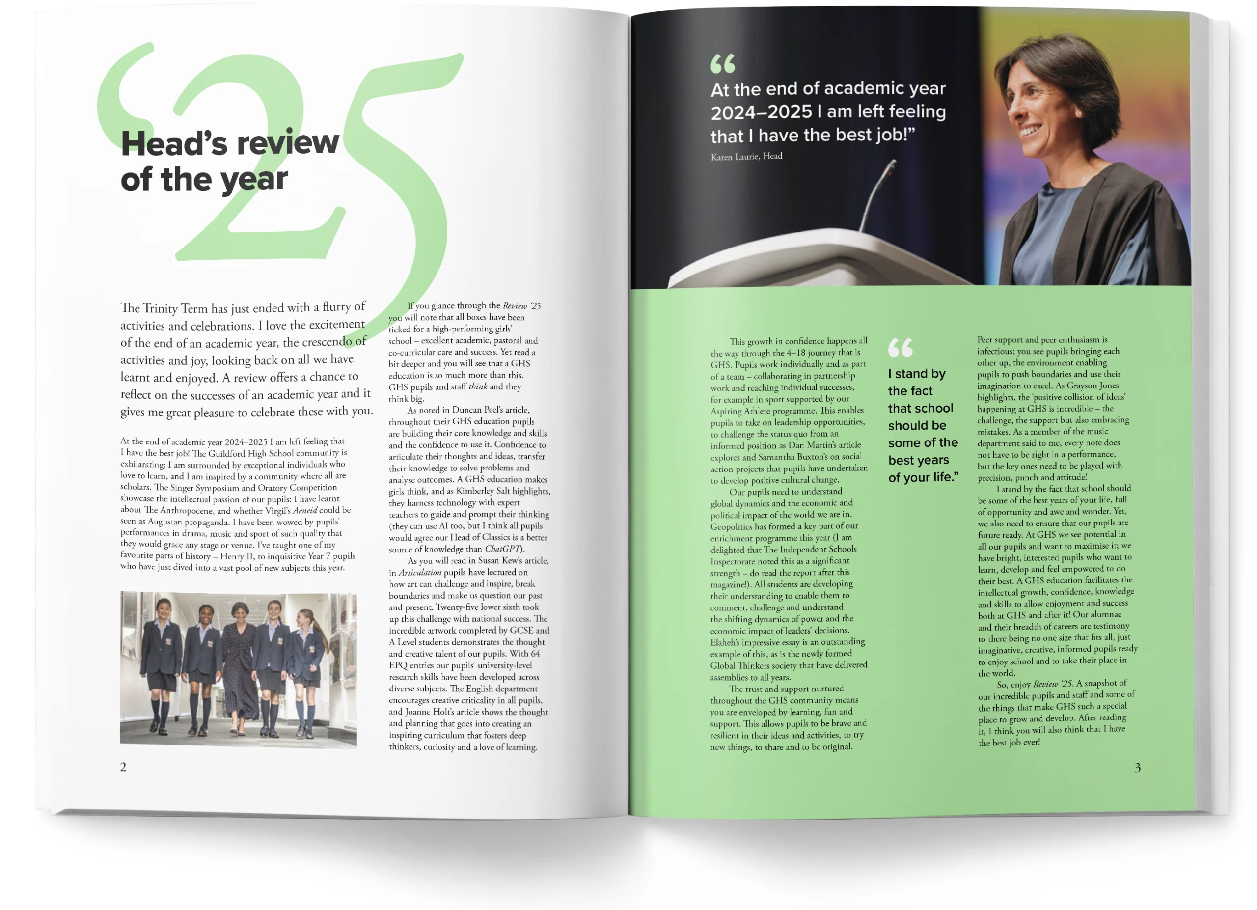 Bold typographic double-page editorial spread 'Head's review of the year'.