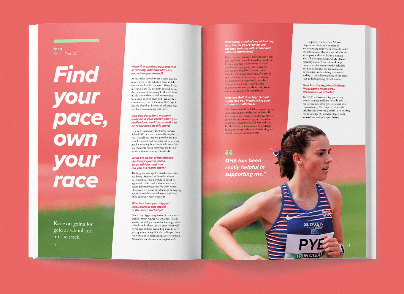 Animated GIF of various double page spreads, with bold typography, imagery and photography, from the Guildford High School publication.