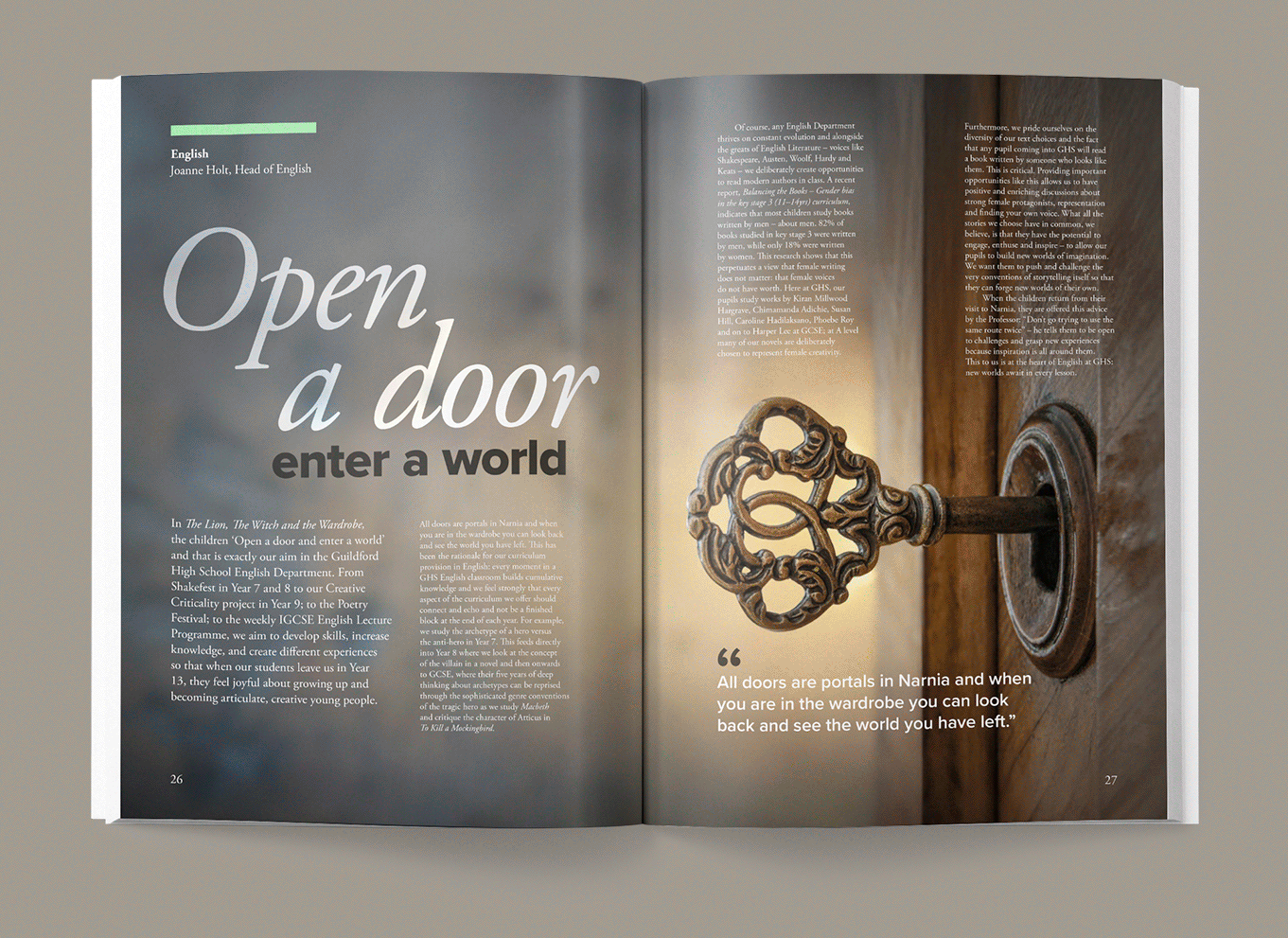 Animated GIF of various double page spreads, with bold typography, imagery and photography, from the Guildford High School publication.