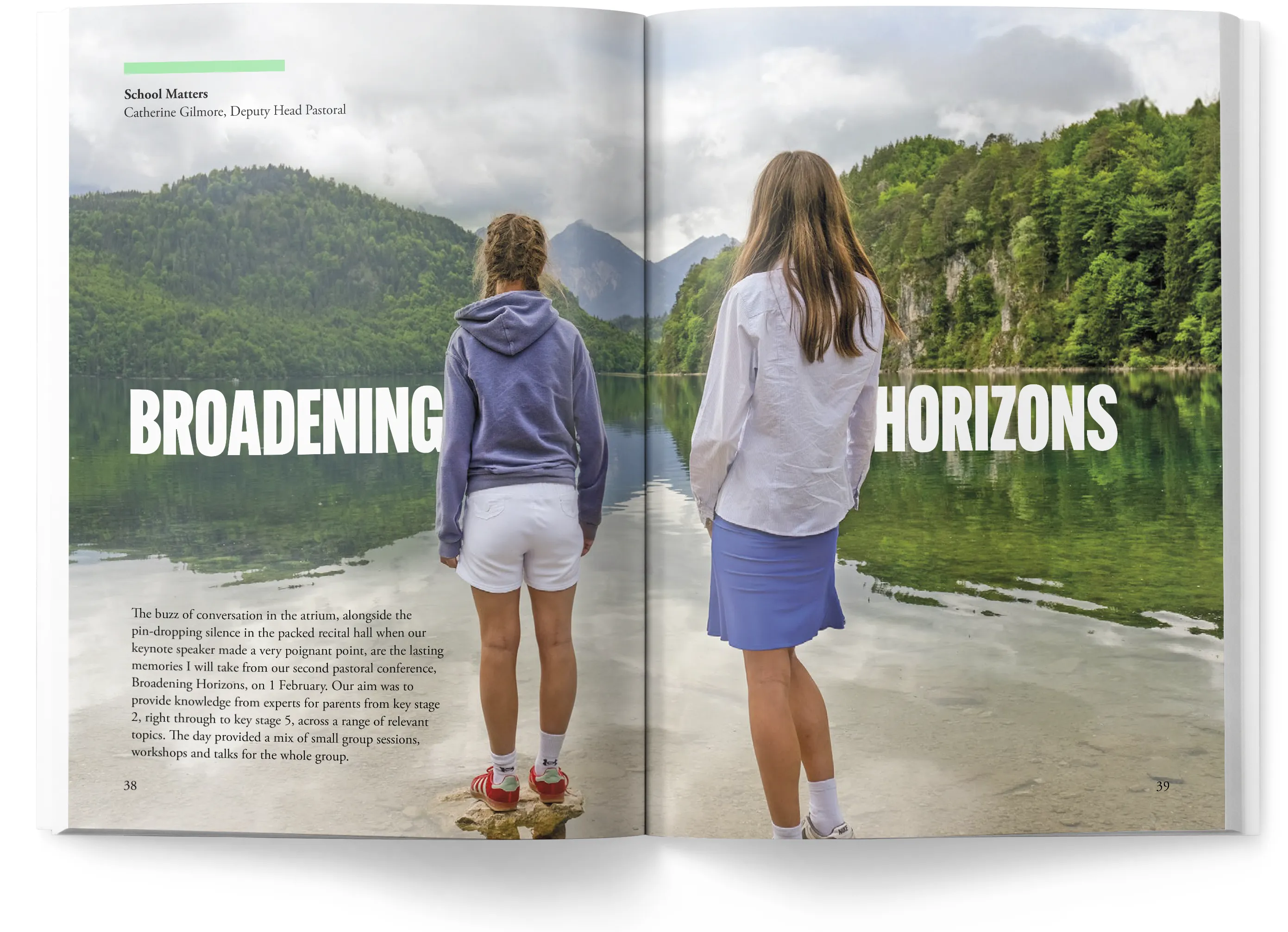 Full-bleed double-page editorial spread 'Broadening Horizons'.