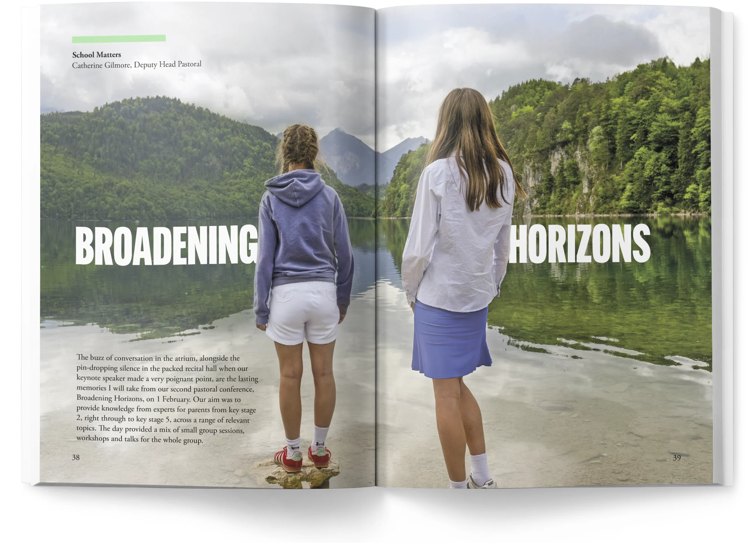 Full-bleed double-page editorial spread 'Broadening Horizons'.