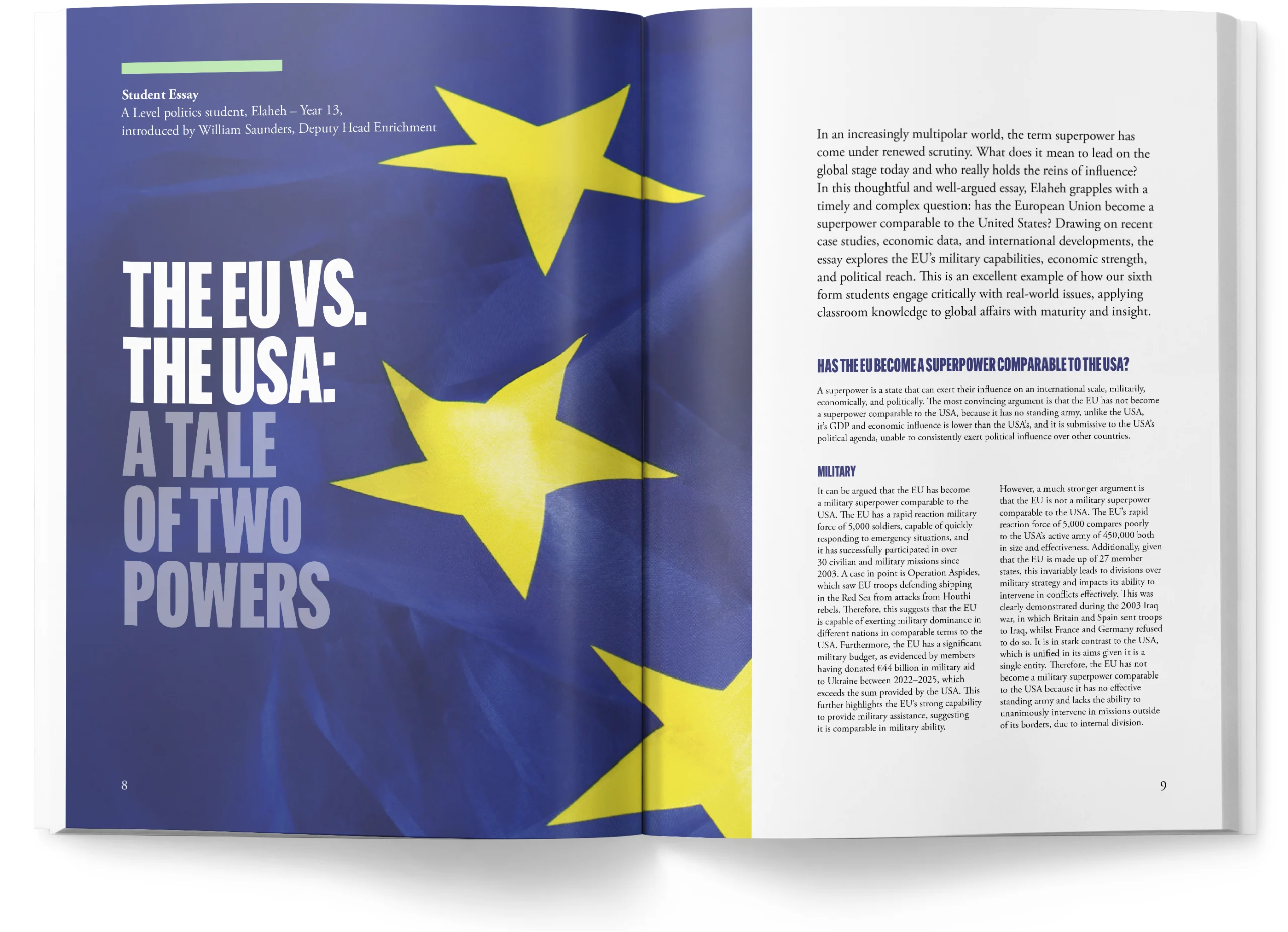 Student essay double-page spread, 'The EU vs the USA: a tale of two powers'.
