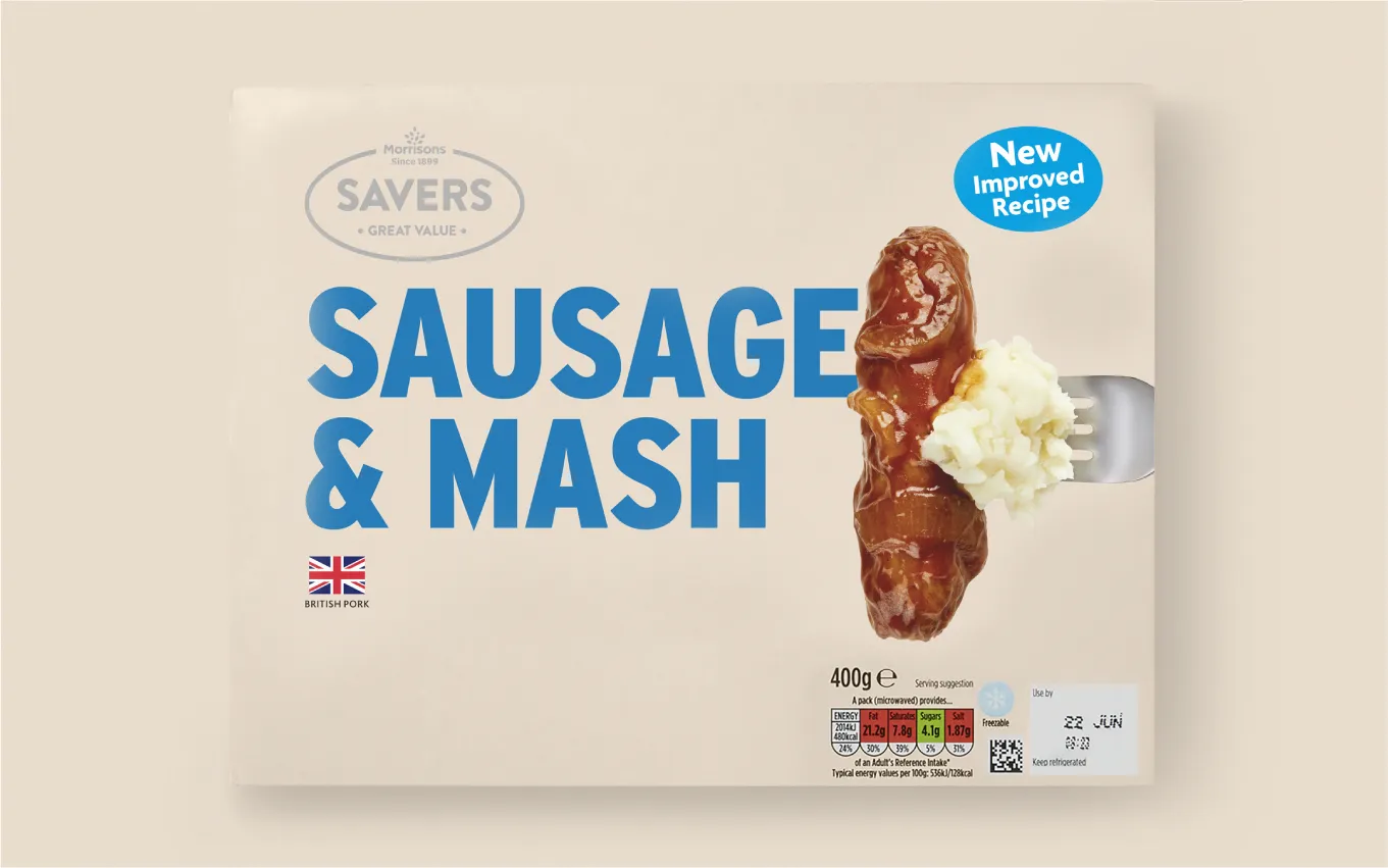 Sausage & Mash packaging render.