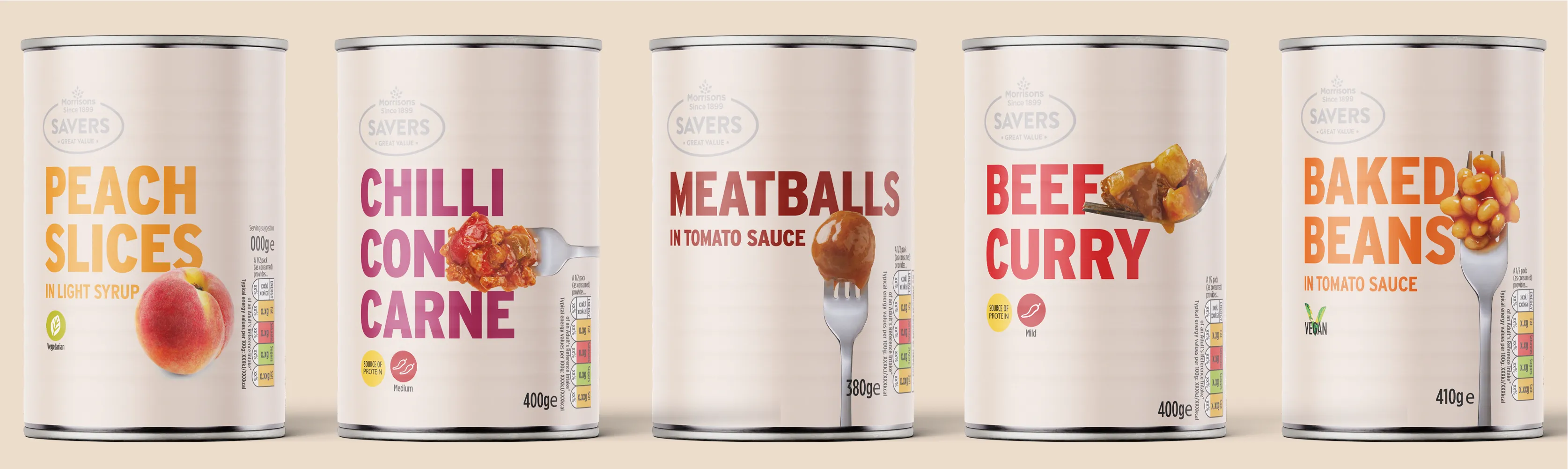 Various food-based tin cans with bold typography and product photography.