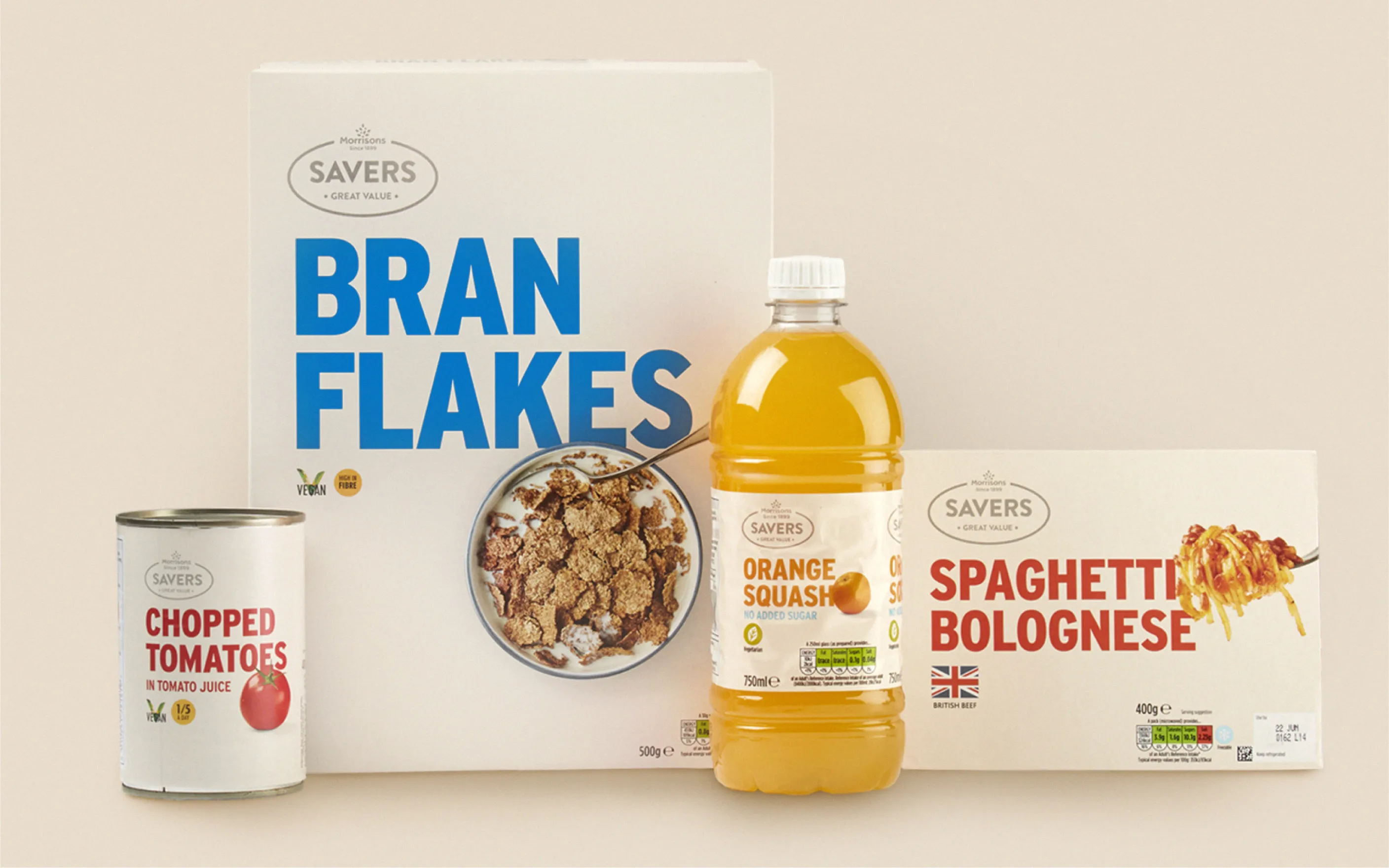 Photography showing a range of different Morrisons savers products. Packaging designed and photographed by Stocks Taylor Benson in our in house studio.