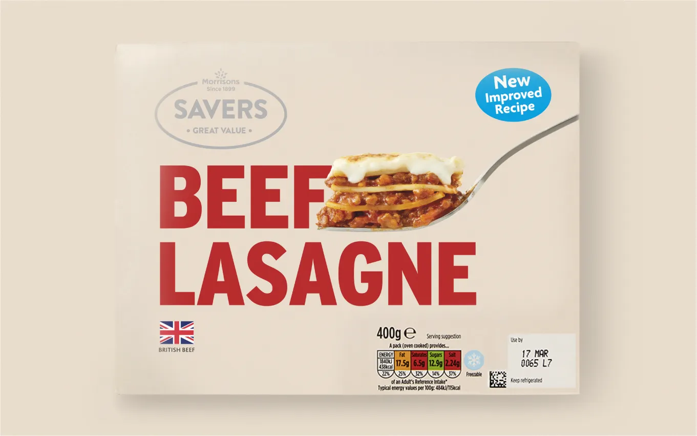 Beef Lasagne packaging render.