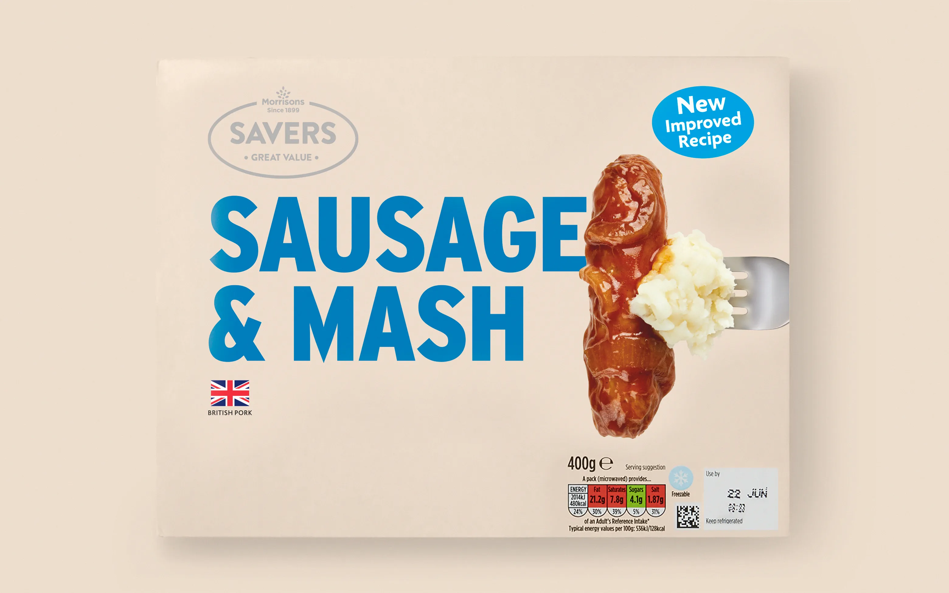 Sausage & Mash packaging render.