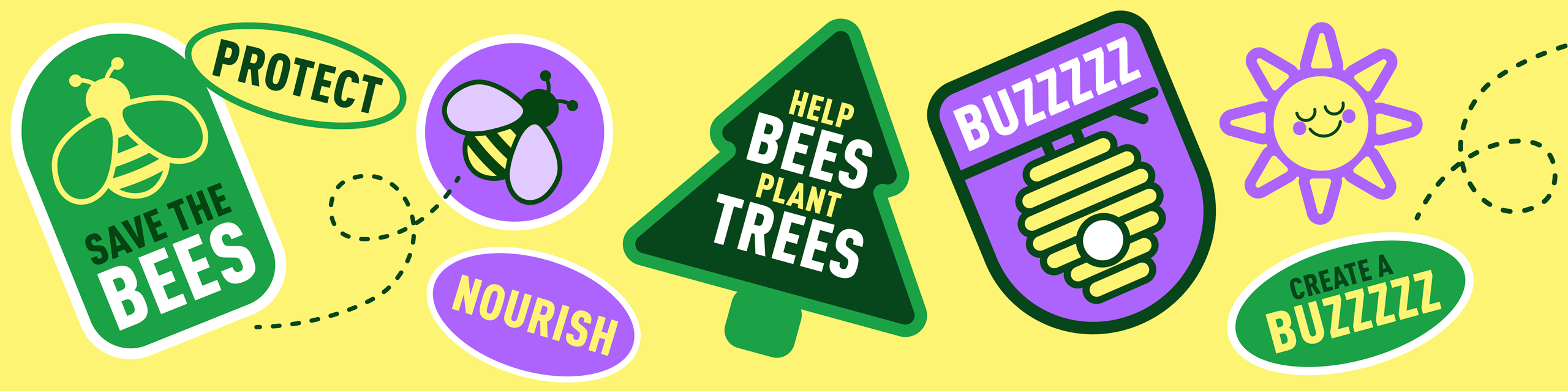 A selection of bee-themed digital stickers 'Help Bees Plant Trees'