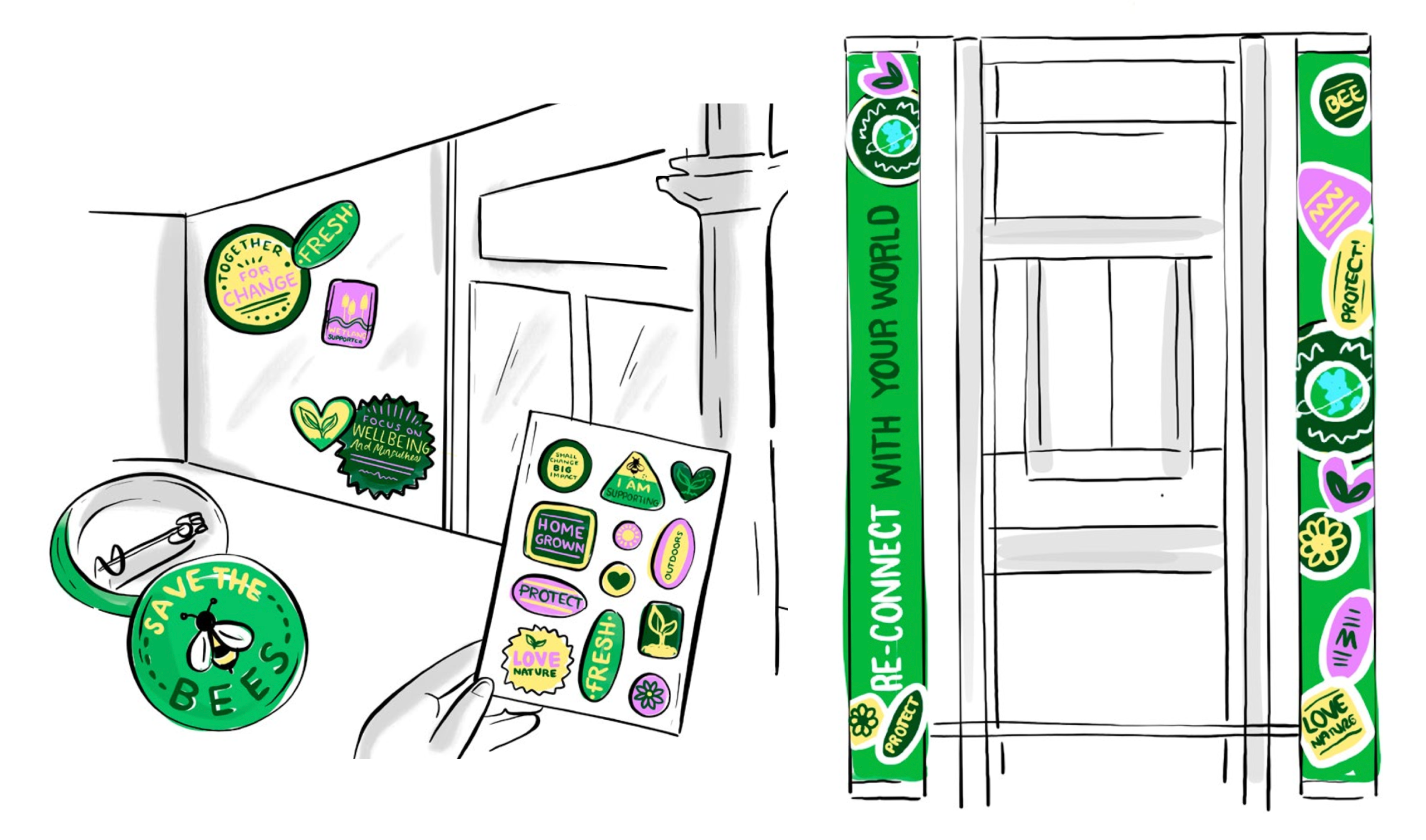 Initial hand-drawn scamps including stickers and banners.