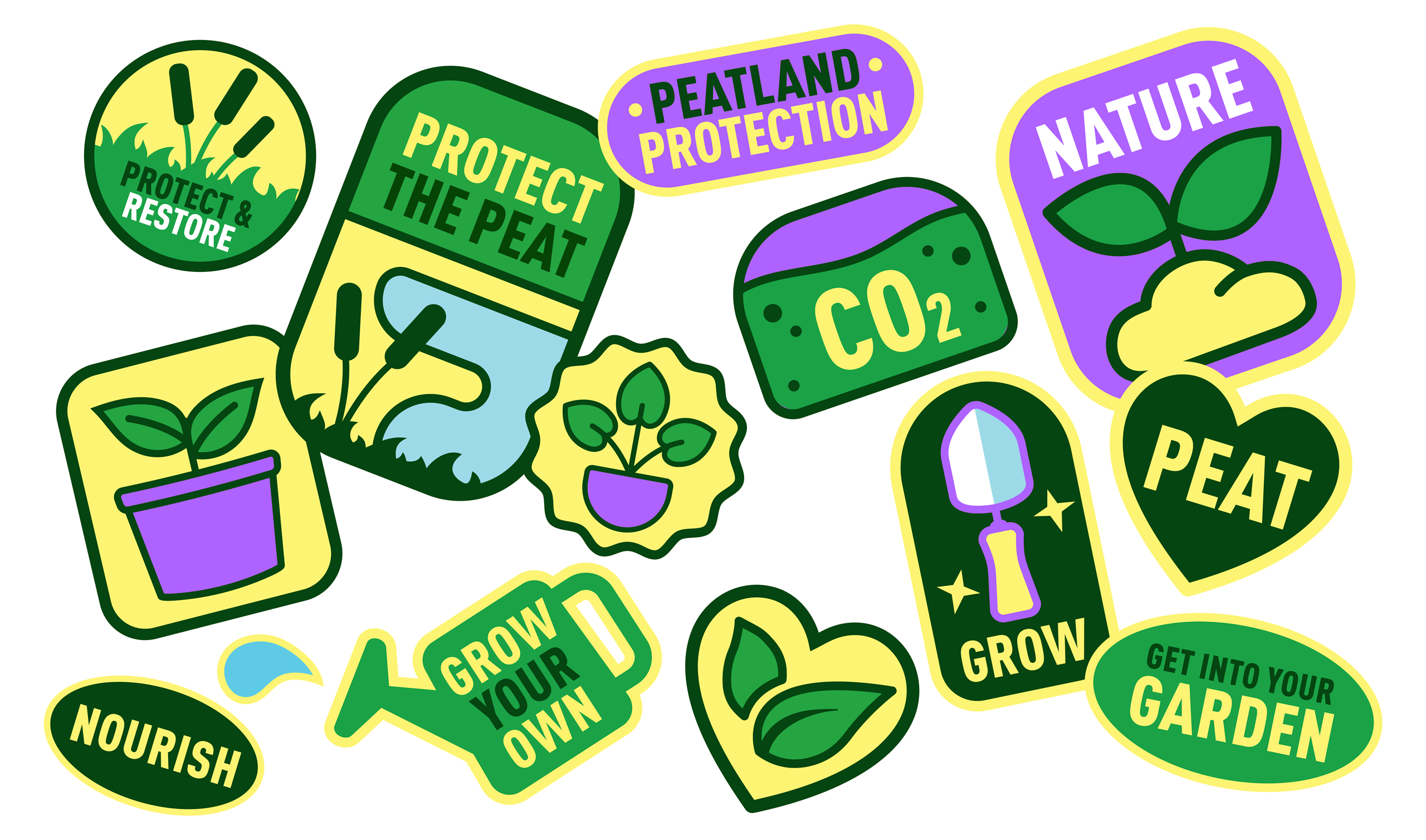 A selection of stickers promoting protection of the peatlands. 'Protect the Peat', 'Peatland Protection'
